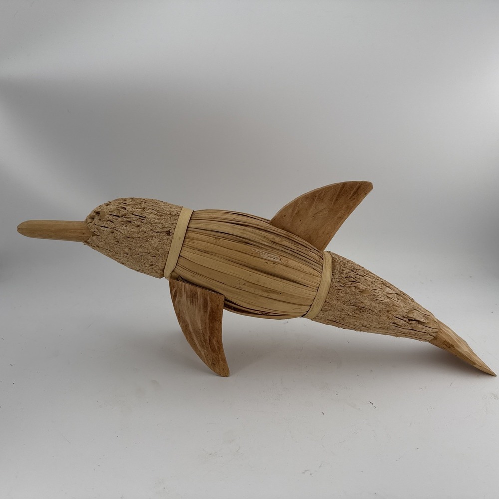 Vintage Folk Art Dolphin Decoy Wood Reed & Wood w/ carved natural head.